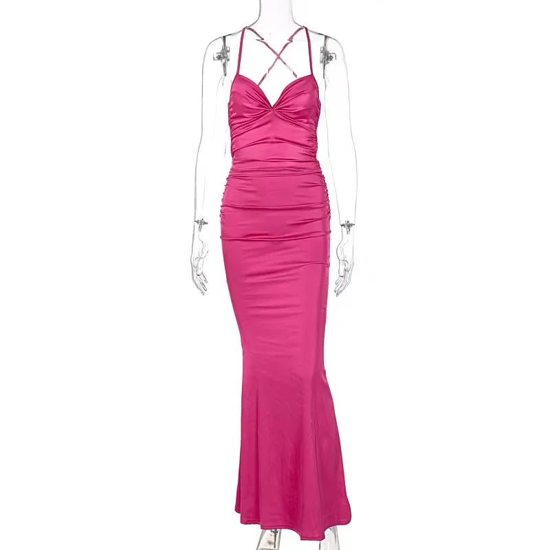 Sexy Lace-Up Backless Satin Maxi Dress – Solid Bodycon Evening Party Dress for Women