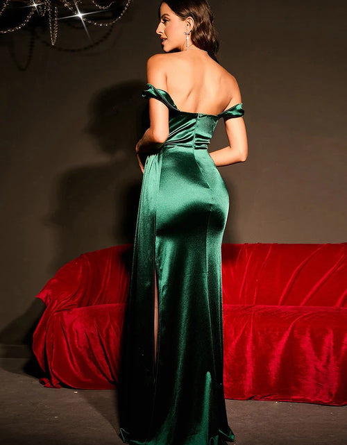 Load image into Gallery viewer, Luxury Off-Shoulder Satin Mermaid Evening Dress with Side Slit &amp; Backless Detail
