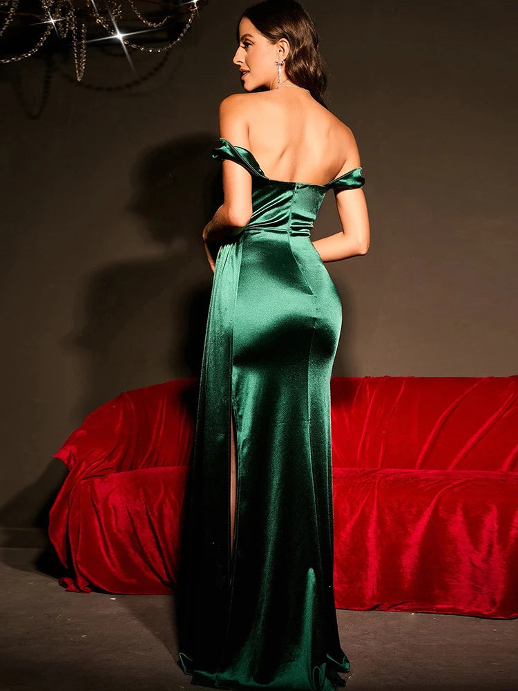 Luxury Off-Shoulder Satin Mermaid Evening Dress with Side Slit & Backless Detail