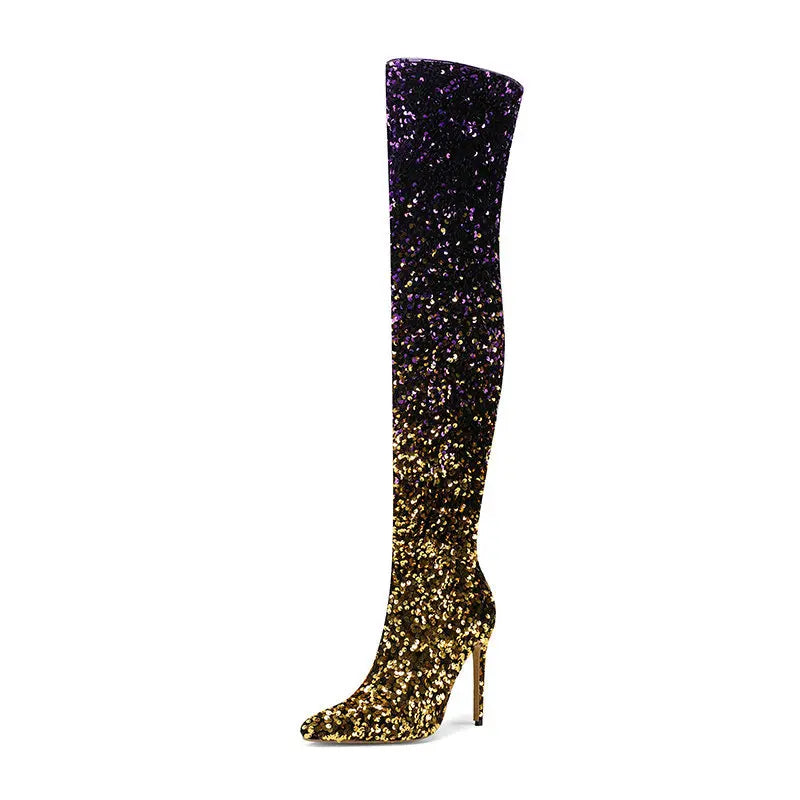 Shimmer & Stride: Gradient Sequin Over-the-Knee Boots with 11CM Heels