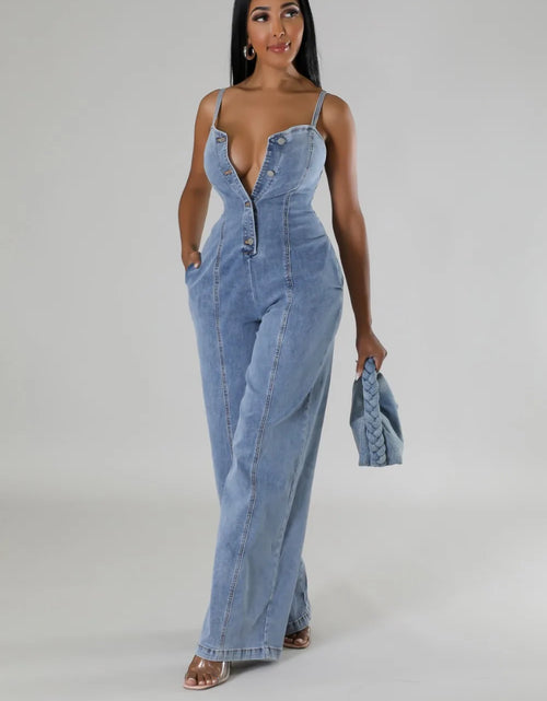 Load image into Gallery viewer, Sexy Denim Spaghetti Strap Jumpsuit – Patchwork Wide-Leg Romper for Women
