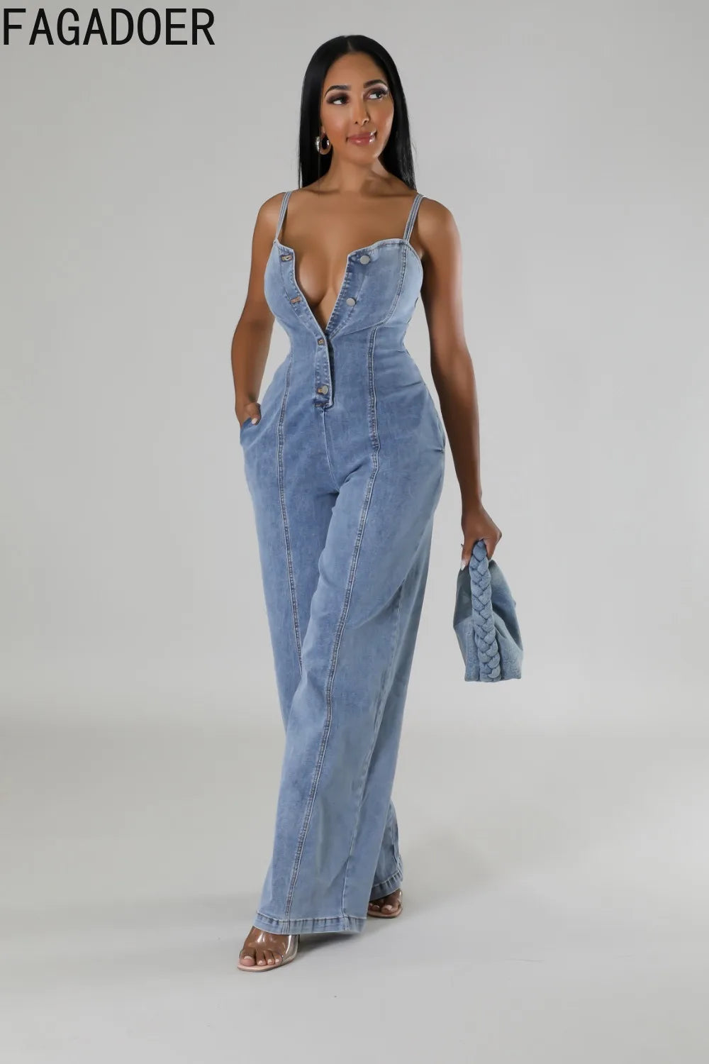 Sexy Denim Spaghetti Strap Jumpsuit – Patchwork Wide-Leg Romper for Women