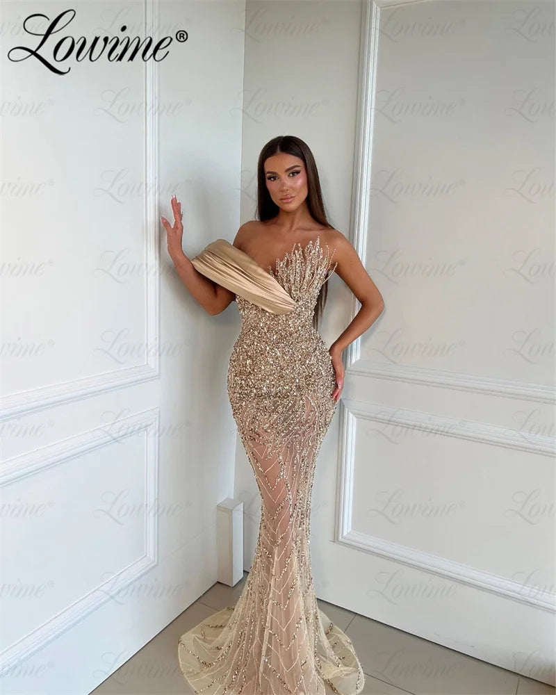 Elegant One-Shoulder Beaded Mermaid Prom & Evening Gown – Perfect for Weddings & Anniversaries