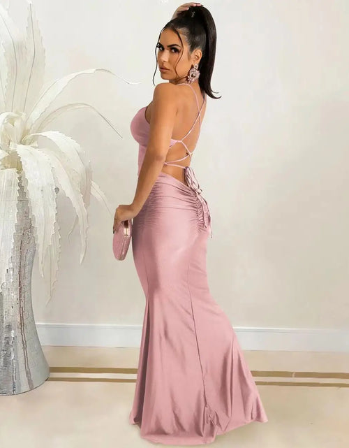 Load image into Gallery viewer, Sexy Lace-Up Backless Satin Maxi Dress – Solid Bodycon Evening Party Dress for Women
