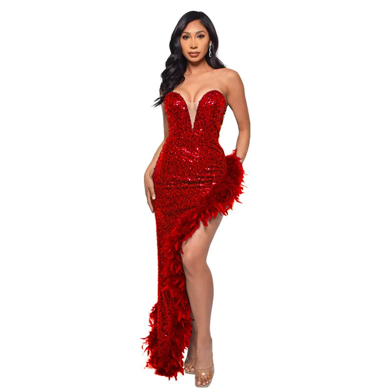 Strapless Sequin Feather Bodycon Dress – Elegant Cocktail & Formal Party Wear for Women