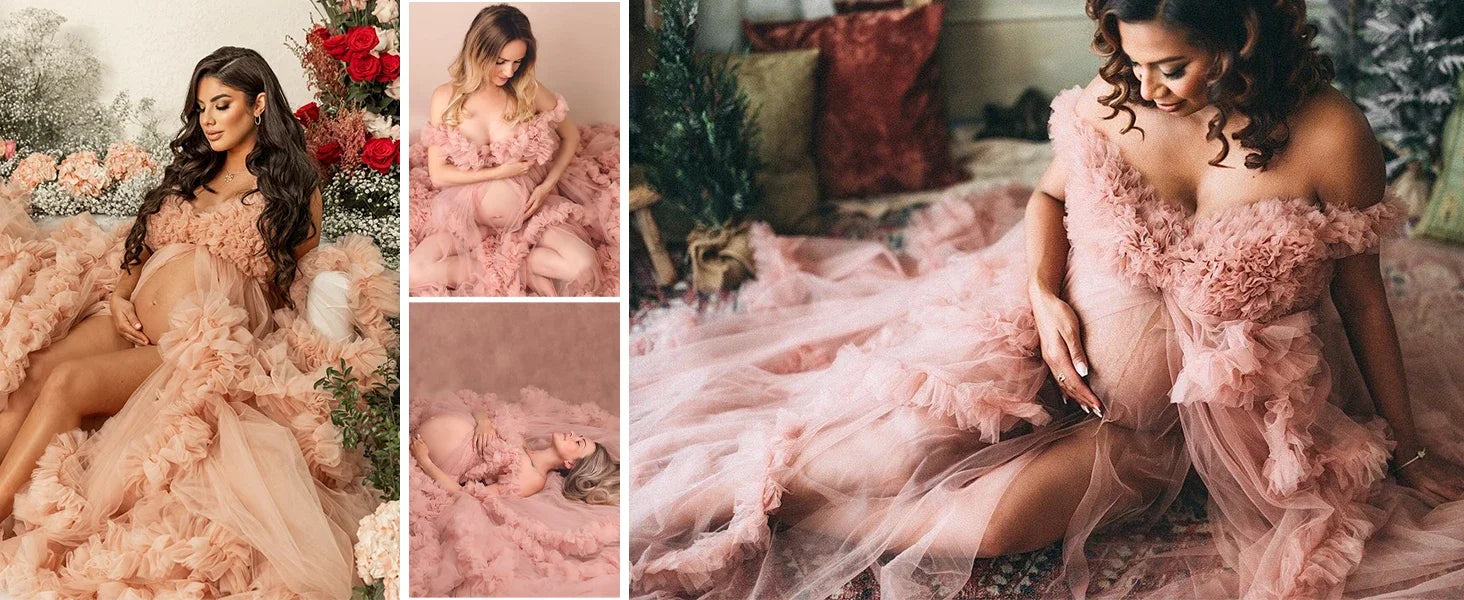 Puffy Ruffles Tulle Maternity Dress for Photoshoots & Baby Showers