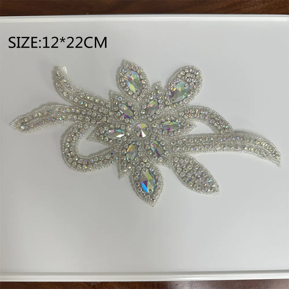 AB Silver Rhinestone Flower Applique – Elegant Iron-On/Sew-On Decoration for Wedding Dresses & Clothes