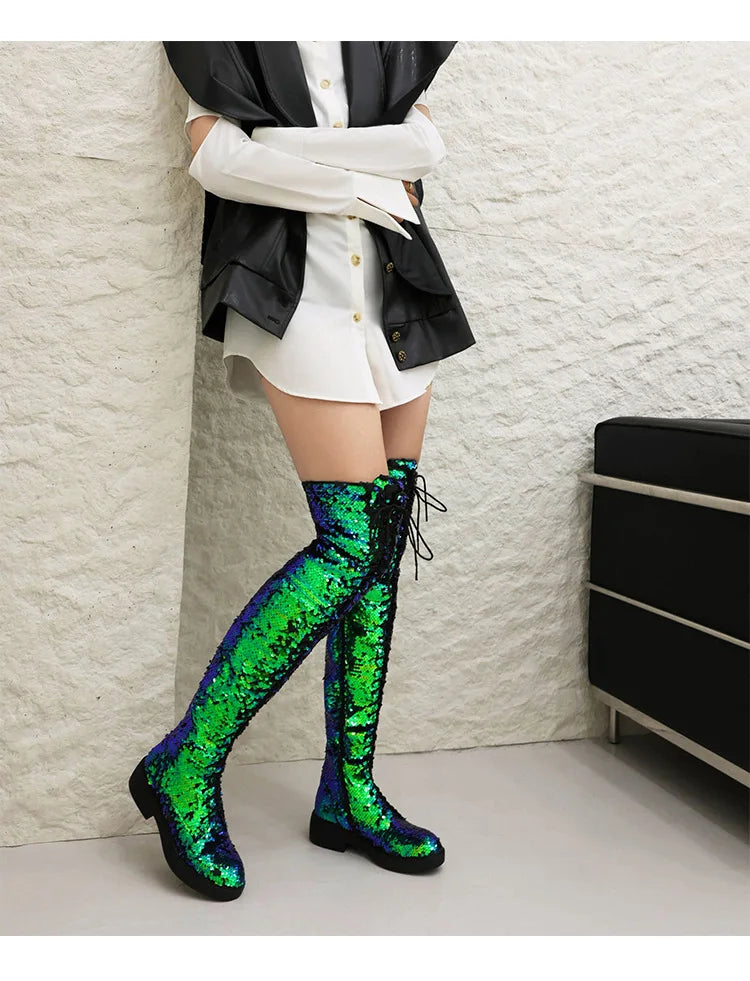 Dazzling Heights: Shiny Sequined Over-the-Knee Boots with Thick Heels