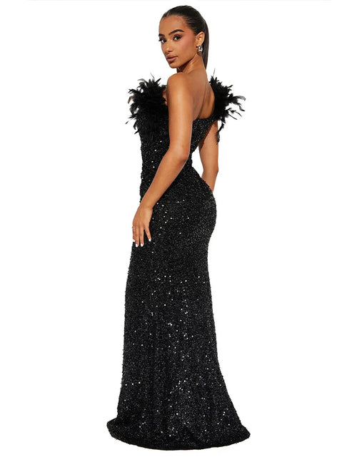 Load image into Gallery viewer, Dazzling Sequined Backless Maxi Dress with Feather &amp; Bead Detailing – Perfect for Birthday Party
