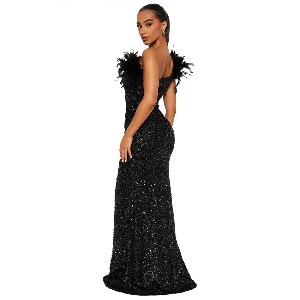 Dazzling Sequined Backless Maxi Dress with Feather & Bead Detailing – Perfect for Birthday Party