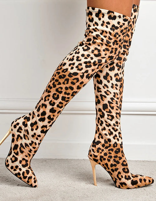 Load image into Gallery viewer, Chic &amp; Bold: Women&#39;s Leopard Print Long Boots with Slim Heels - Sexy, Stylish &amp; Plus-Size Friendly!
