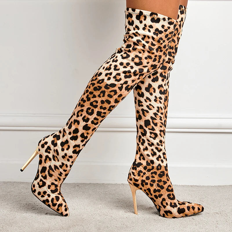 Chic & Bold: Women's Leopard Print Long Boots with Slim Heels - Sexy, Stylish & Plus-Size Friendly!