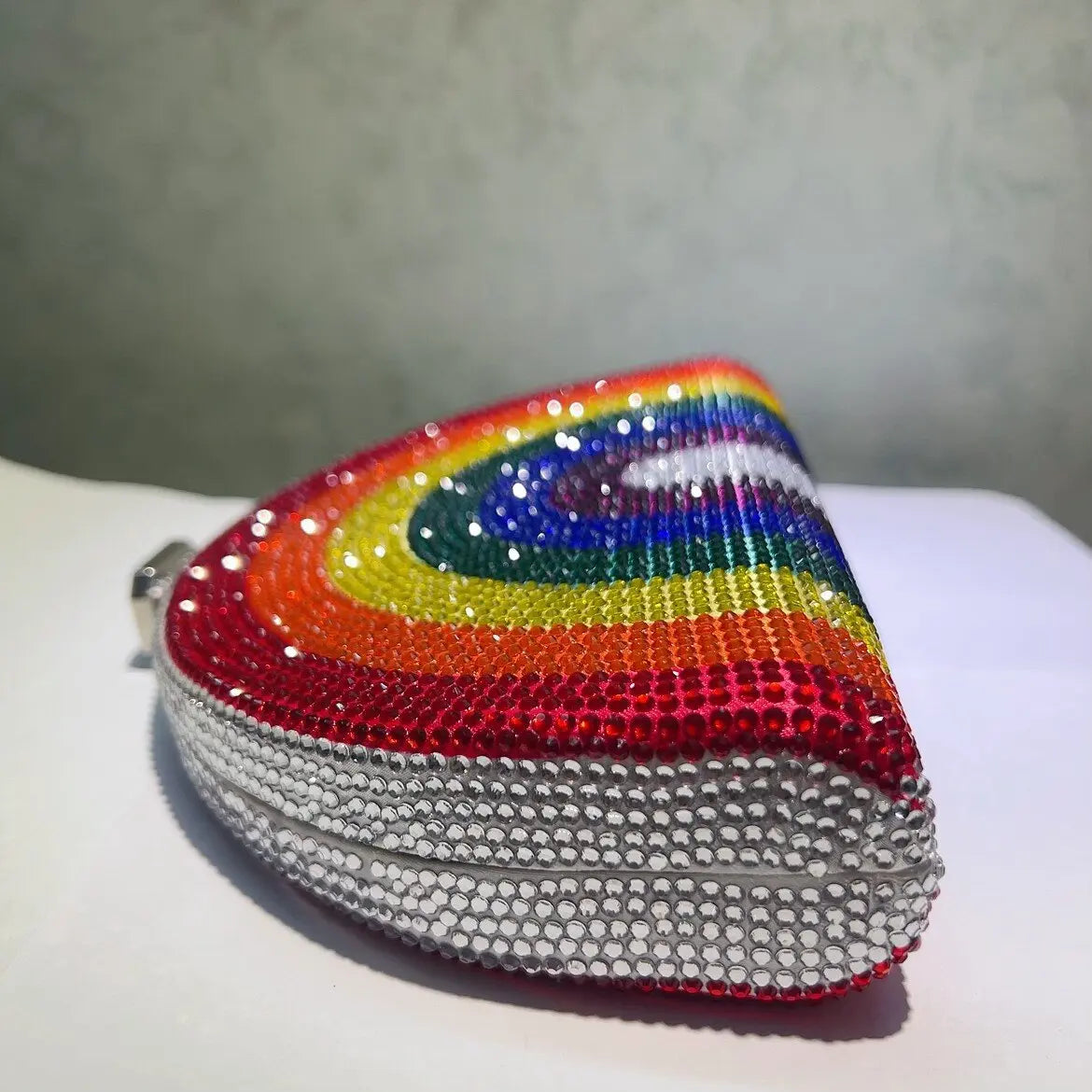 Rainbow Crystal Half-Moon Clutch – Luxury Rhinestone Evening Bag for Weddings & Parties