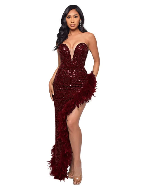 Load image into Gallery viewer, Strapless Sequin Feather Bodycon Dress – Elegant Cocktail &amp; Formal Party Wear for Women
