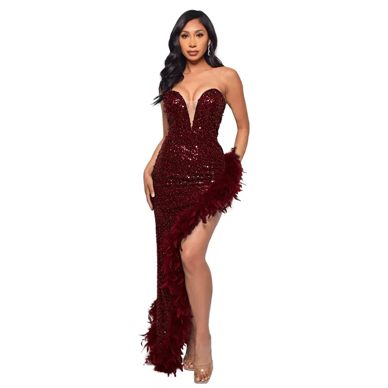 Strapless Sequin Feather Bodycon Dress – Elegant Cocktail & Formal Party Wear for Women