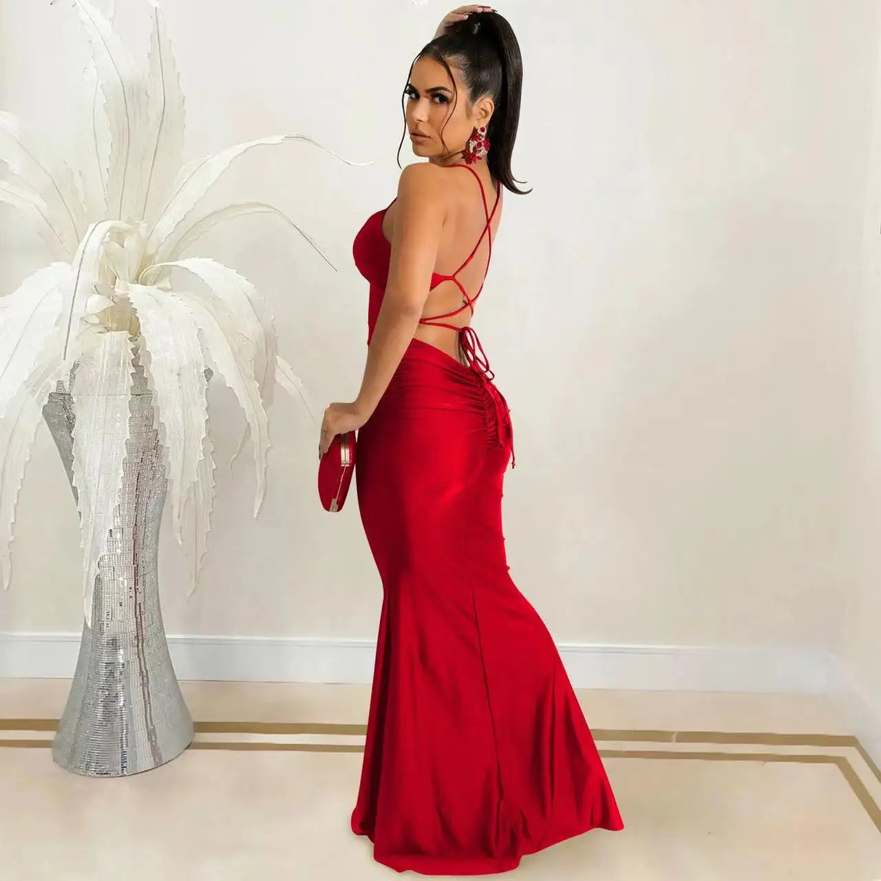 Sexy Lace-Up Backless Satin Maxi Dress – Solid Bodycon Evening Party Dress for Women