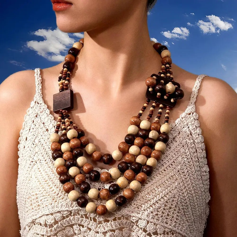 African Ethnic Jewelry Handmade Wooden Bead Beaded Statement Necklace For Women Party Accessories