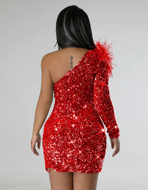 Load image into Gallery viewer, One-Shoulder Feather Sleeve Sequin Bodycon Midi Dress – Elegant Party &amp; Cocktail Dress for Women
