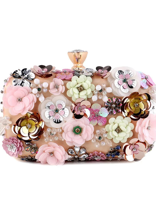 Load image into Gallery viewer, Luxury Floral Diamond Embroidered Clutch – Elegant Evening Handbag with Chain Strap
