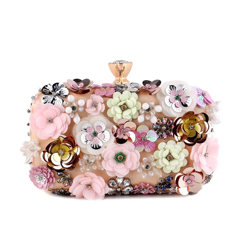 Luxury Floral Diamond Embroidered Clutch – Elegant Evening Handbag with Chain Strap