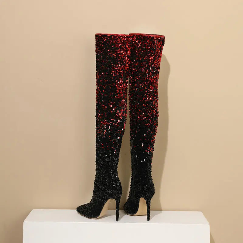 Shimmer & Stride: Gradient Sequin Over-the-Knee Boots with 11CM Heels