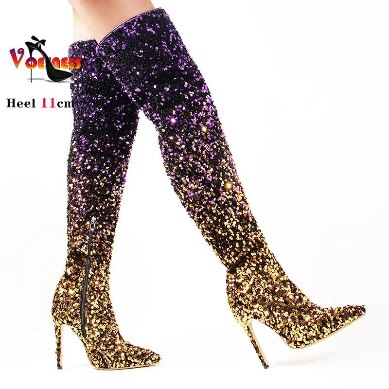 Shimmer & Stride: Gradient Sequin Over-the-Knee Boots with 11CM Heels