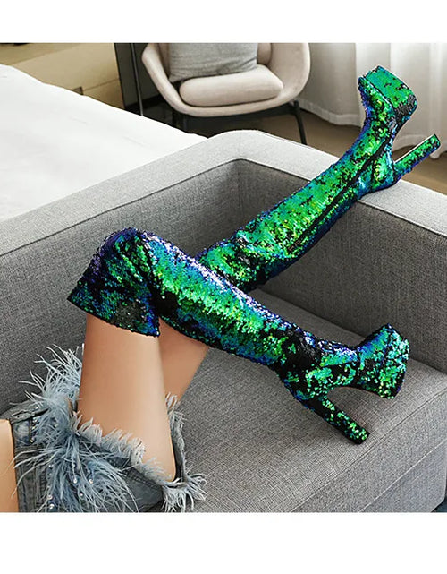 Load image into Gallery viewer, Showstopper: Sequin Over-the-Knee Platform Boots with High Heels
