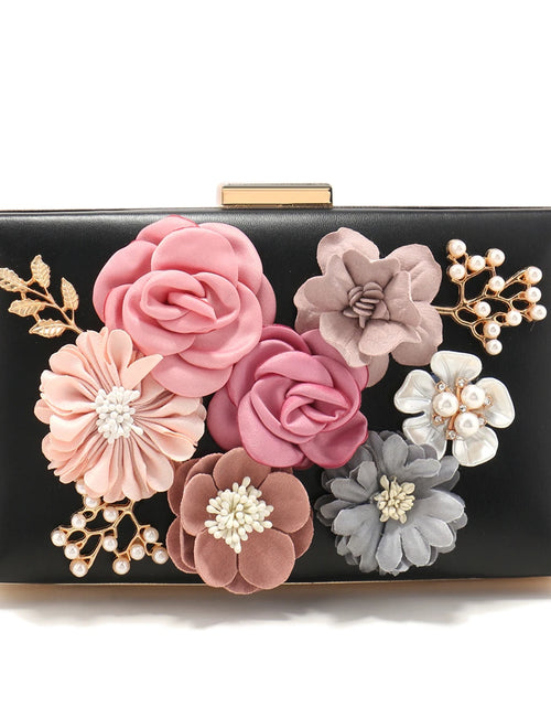 Load image into Gallery viewer, Elegant Pink Floral Evening Bag – Pearl &amp; Diamond Clutch with Glitter Shoulder Chain
