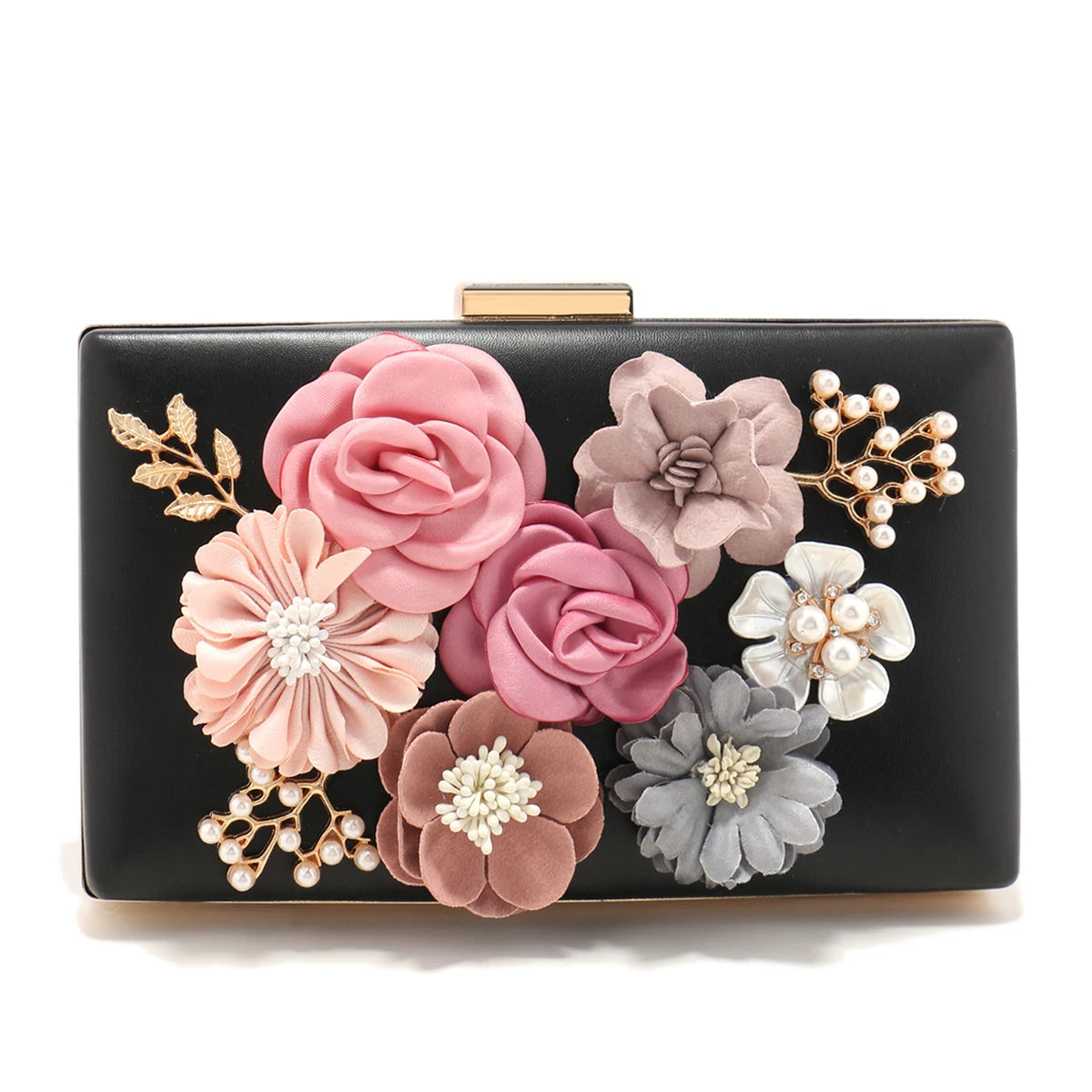 Elegant Pink Floral Evening Bag – Pearl & Diamond Clutch with Glitter Shoulder Chain