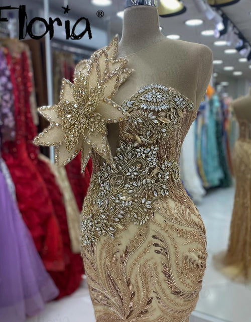 Load image into Gallery viewer, Golden Yellow One-Shoulder Mermaid Gown – 5D Leaf Design for Dubai Weddings &amp; Events
