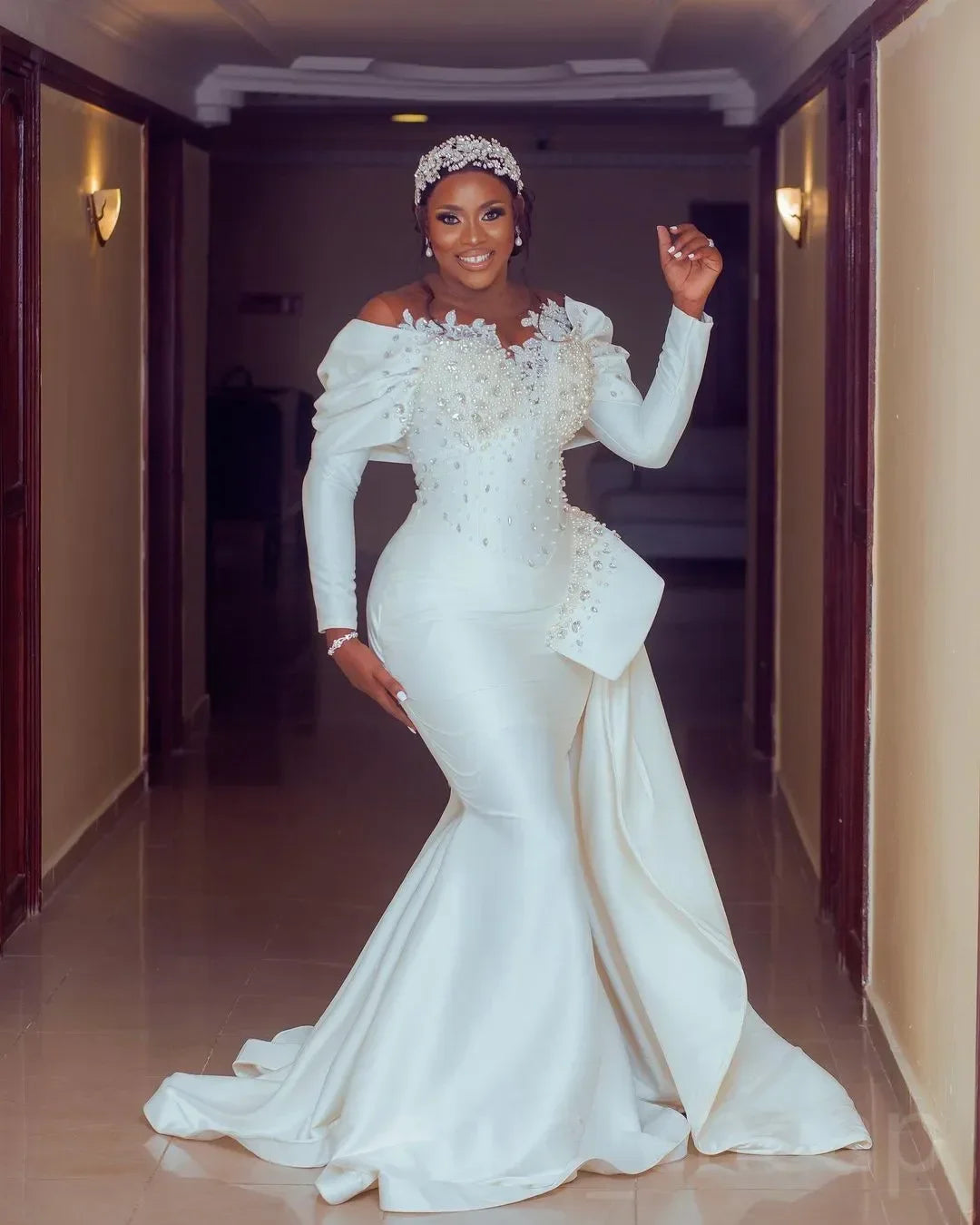 African-Inspired Sexy Mermaid Wedding Dress with Sheer Neck, Long Sleeves & Pearl Beading