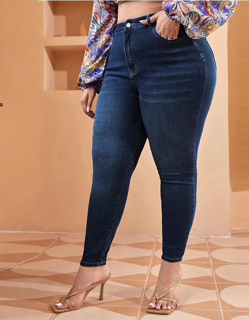 Load image into Gallery viewer, Plus-Size High-Waist Stretch Mom Jeans – Skinny Washed Denim for Women with 100kg+ Fit
