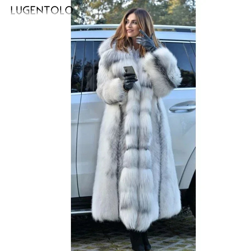 Elegant Women’s X-Long Faux Fur Coat – Hooded Loose Fit Winter Fashion Coat for Large Sizes