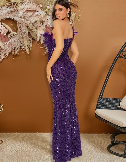 Load image into Gallery viewer, Dazzling Sequined Backless Maxi Dress with Feather &amp; Bead Detailing – Perfect for Birthday Party
