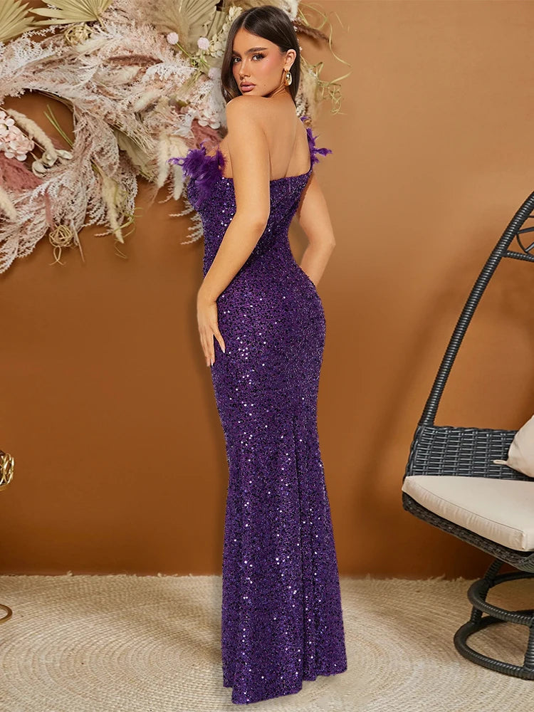 Dazzling Sequined Backless Maxi Dress with Feather & Bead Detailing – Perfect for Birthday Party