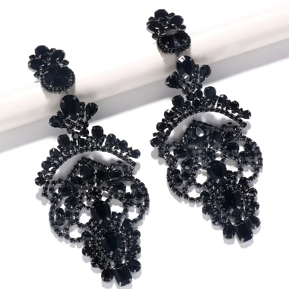 Exaggerated Black Crystal Statement Earrings – Oversized Rhinestone Dangle Prom Jewelry for Women