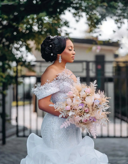 Load image into Gallery viewer, Luxurious Arabic Aso Ebi Mermaid Wedding Dress – Beaded Crystal Tiered Bridal Gown
