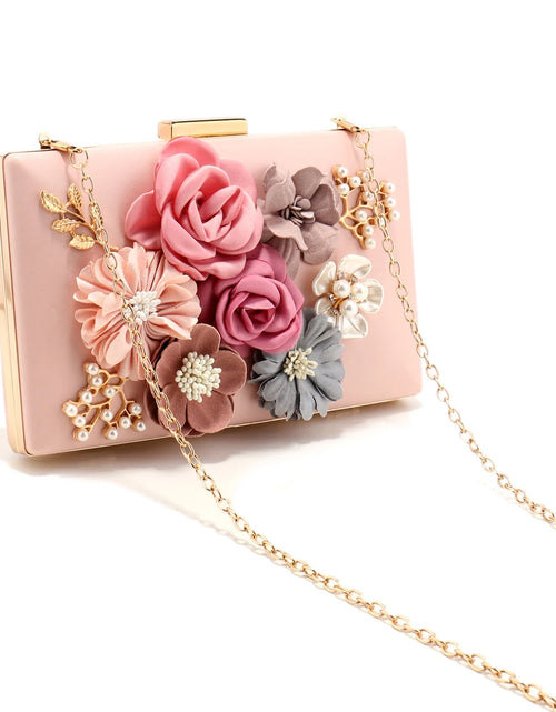 Load image into Gallery viewer, Elegant Pink Floral Evening Bag – Pearl &amp; Diamond Clutch with Glitter Shoulder Chain
