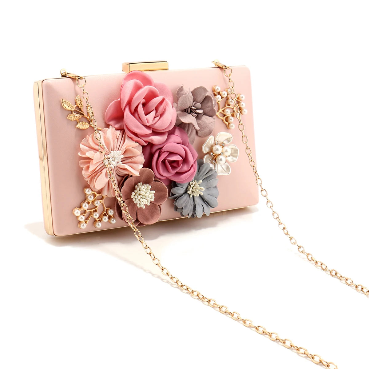 Elegant Pink Floral Evening Bag – Pearl & Diamond Clutch with Glitter Shoulder Chain