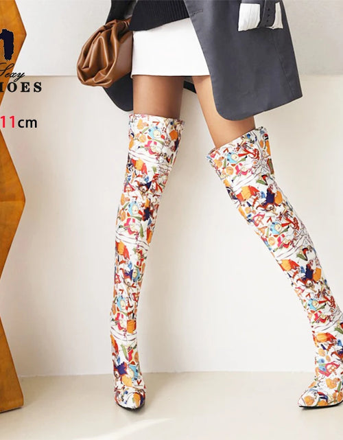 Load image into Gallery viewer, Fierce Elegance: Pointed Toe Stiletto Thigh-High Print Boots
