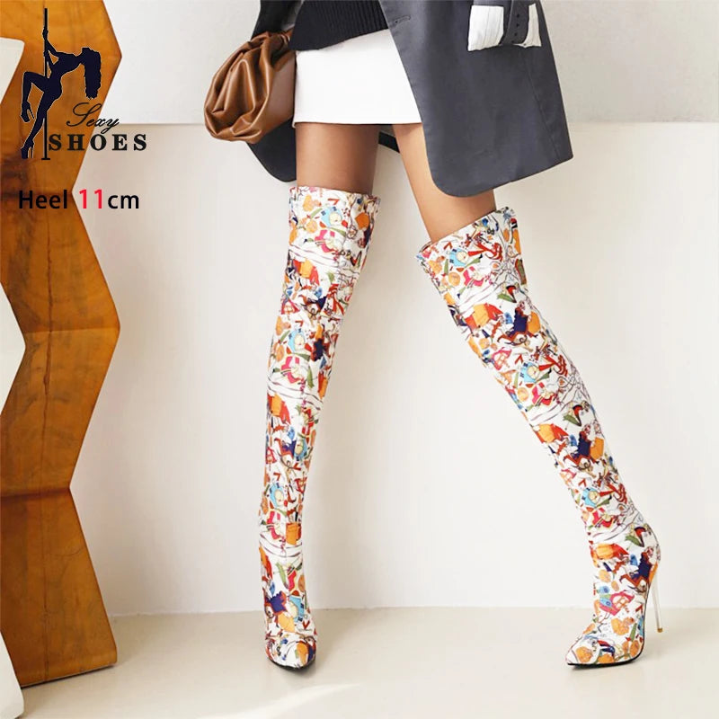 Fierce Elegance: Pointed Toe Stiletto Thigh-High Print Boots