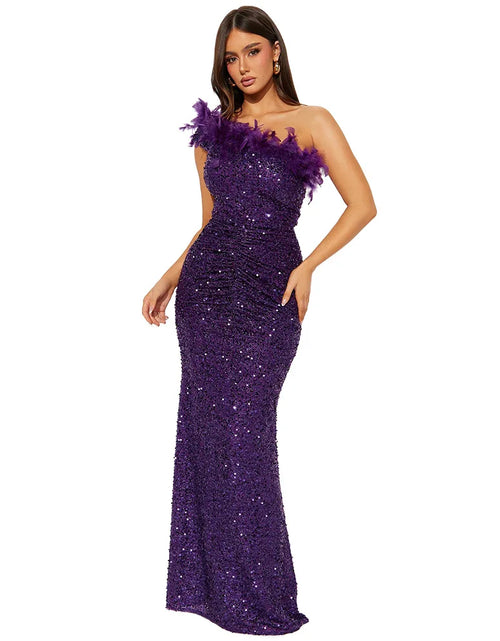 Load image into Gallery viewer, Dazzling Sequined Backless Maxi Dress with Feather &amp; Bead Detailing – Perfect for Birthday Party
