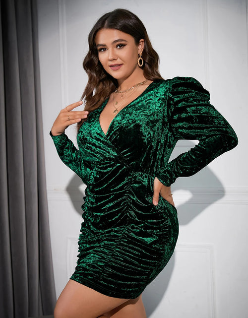 Load image into Gallery viewer, Luxurious Velvet V-Neck Bodycon Plus Size Dress – Long Puff Sleeves
