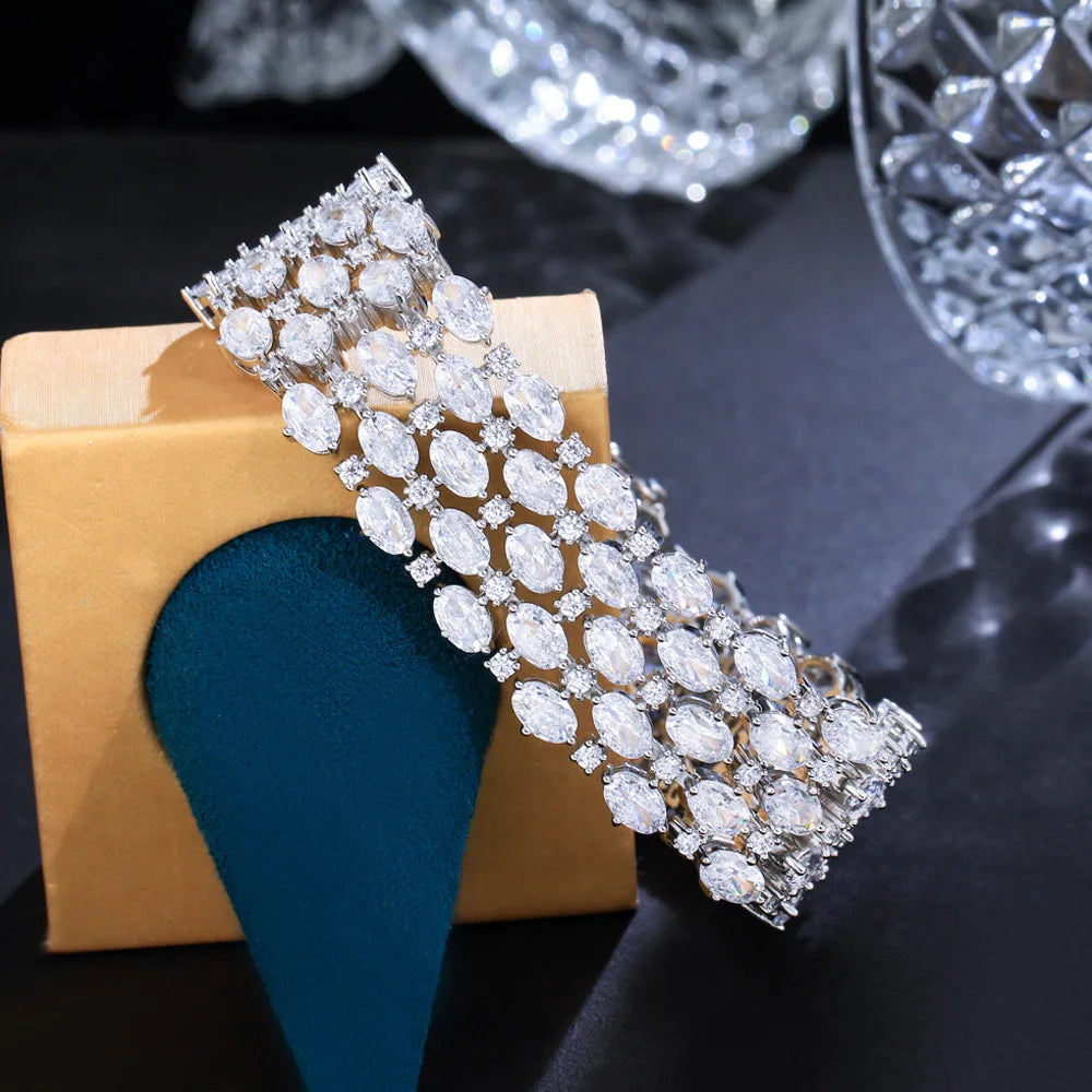 Luxury Sparkly Cubic Zirconia Wide Bridal Bracelet – Elegant Silver Statement Jewelry