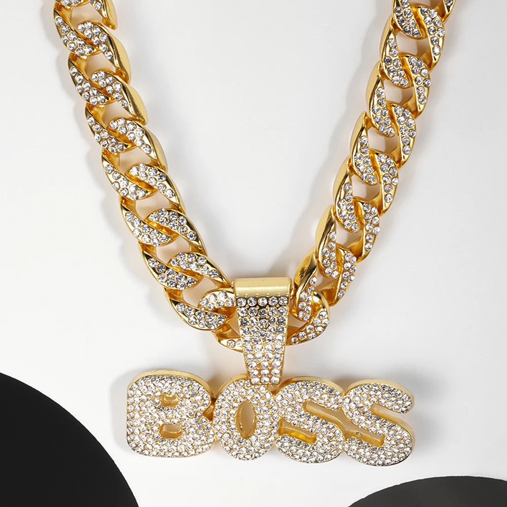 BOSS Cuban Chain Necklace – Bling Letter Choker for Hip Hop & Goth Style