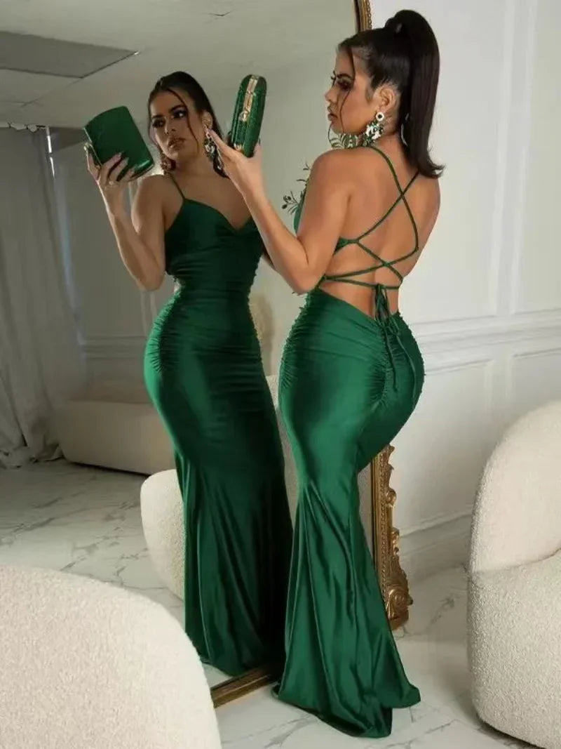 Sexy Lace-Up Backless Satin Maxi Dress – Solid Bodycon Evening Party Dress for Women