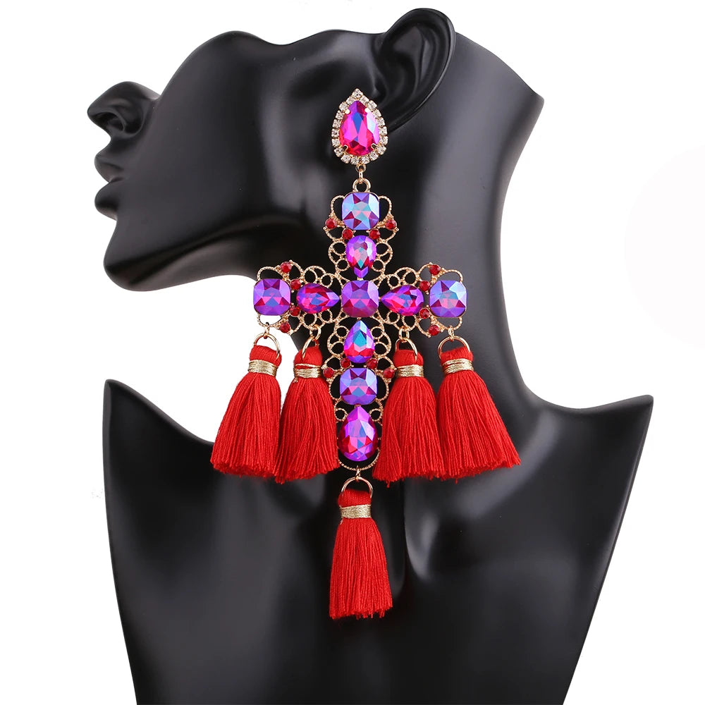 Statement Rhinestone Tassel Drop Earrings – Crystal Dangle Jewelry for Women