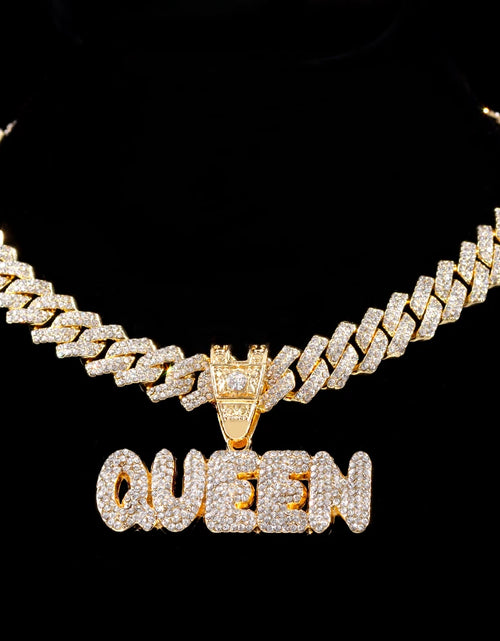 Load image into Gallery viewer, Iced Out Full Rhinestones KING QUEEN Letter Pendant Necklace 14mm Miami Rhombus Cuban Chain Hip Hop Necklaces Jewelry
