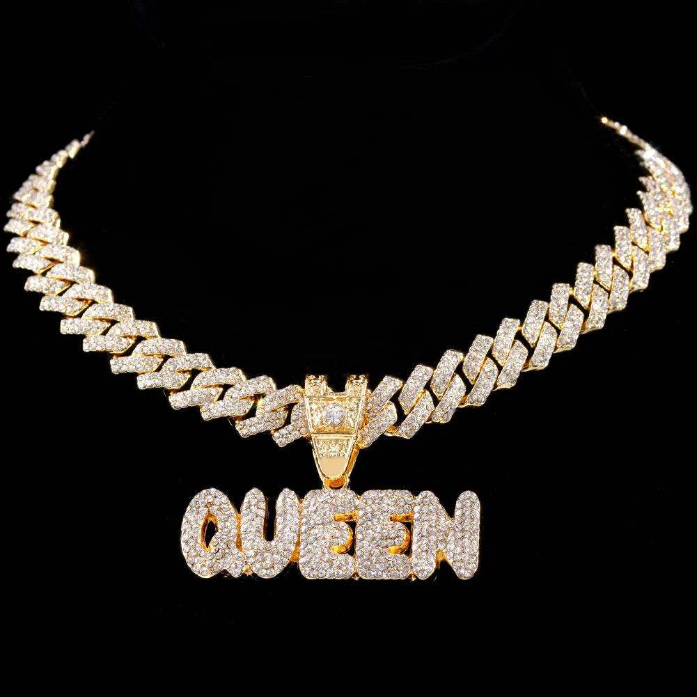 Iced Out Full Rhinestones KING QUEEN Letter Pendant Necklace 14mm Miami Rhombus Cuban Chain Hip Hop Necklaces Jewelry