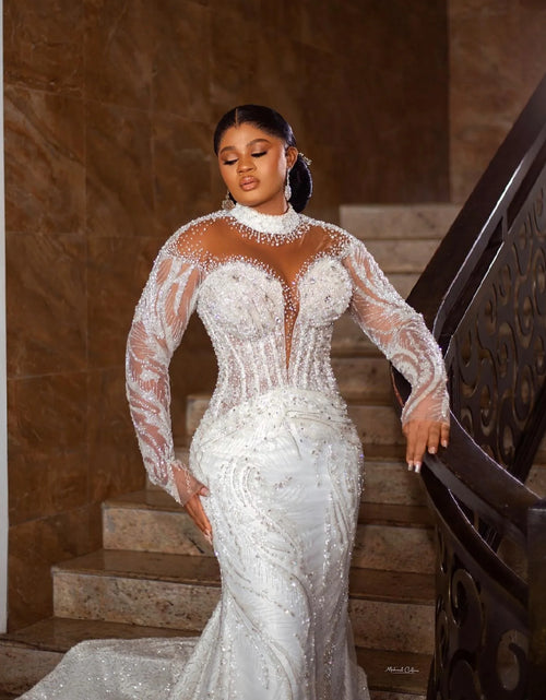 Load image into Gallery viewer, Arabic Mermaid Wedding Dress – Beaded Crystal Lace Gown
